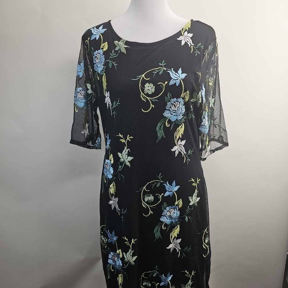 Nina Leonard Black Midi Dress with Blue and Green Floral Embroidery